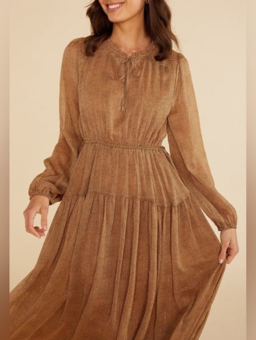 MinkPink Animal Print Flowy Long Sleeved Metallic Animal Print Midi Dress Size M
